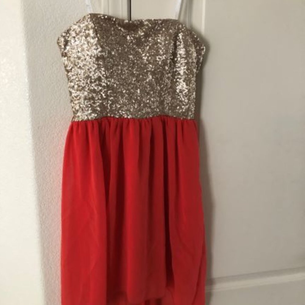 Jodi Kristopher Chiffon Orange / Gold Sequin Dress